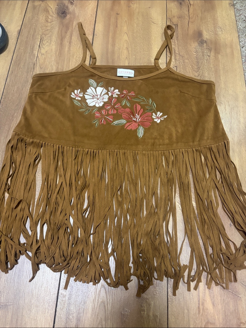 Shyanne Brown Suede-Look Fringe Camisole with Floral Embroidery